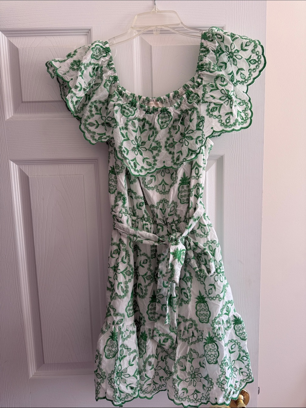 Flying Tomato White Dress with Green Embroidered Floral Print
